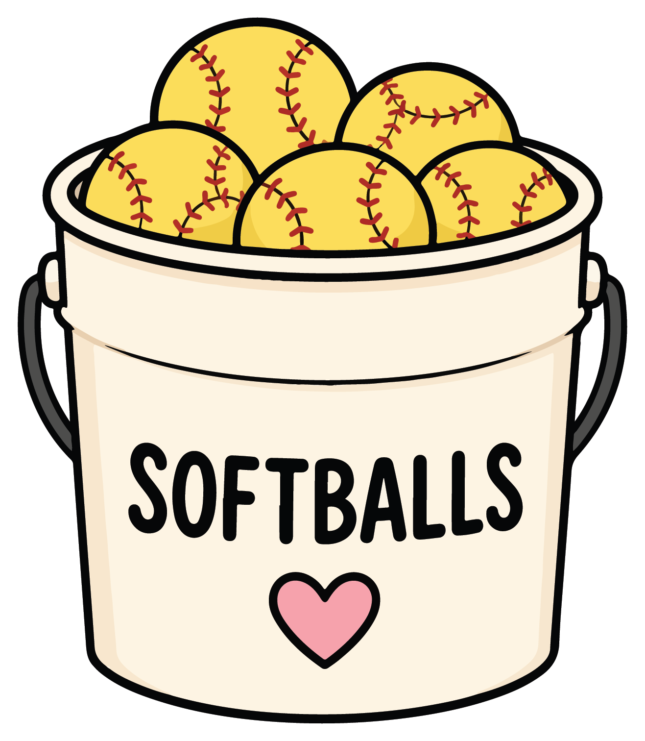 hand drawn bucket filled with softballs sticker on white background