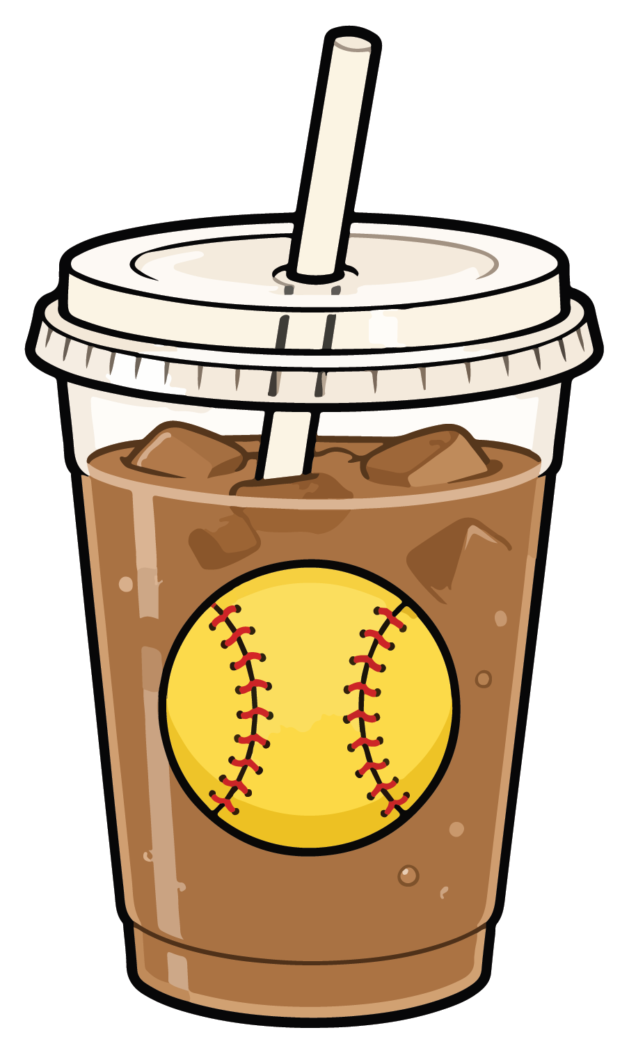 hand drawn iced coffee with softball details sticker on white background