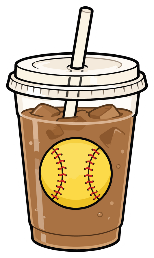 hand drawn iced coffee with softball details sticker on white background