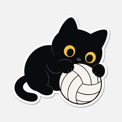 hand drawn waterproof vinyl black cat volleyball sports sticker on white background