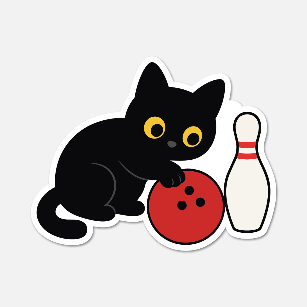 hand drawn waterproof vinyl black cat bowling sports sticker on white background