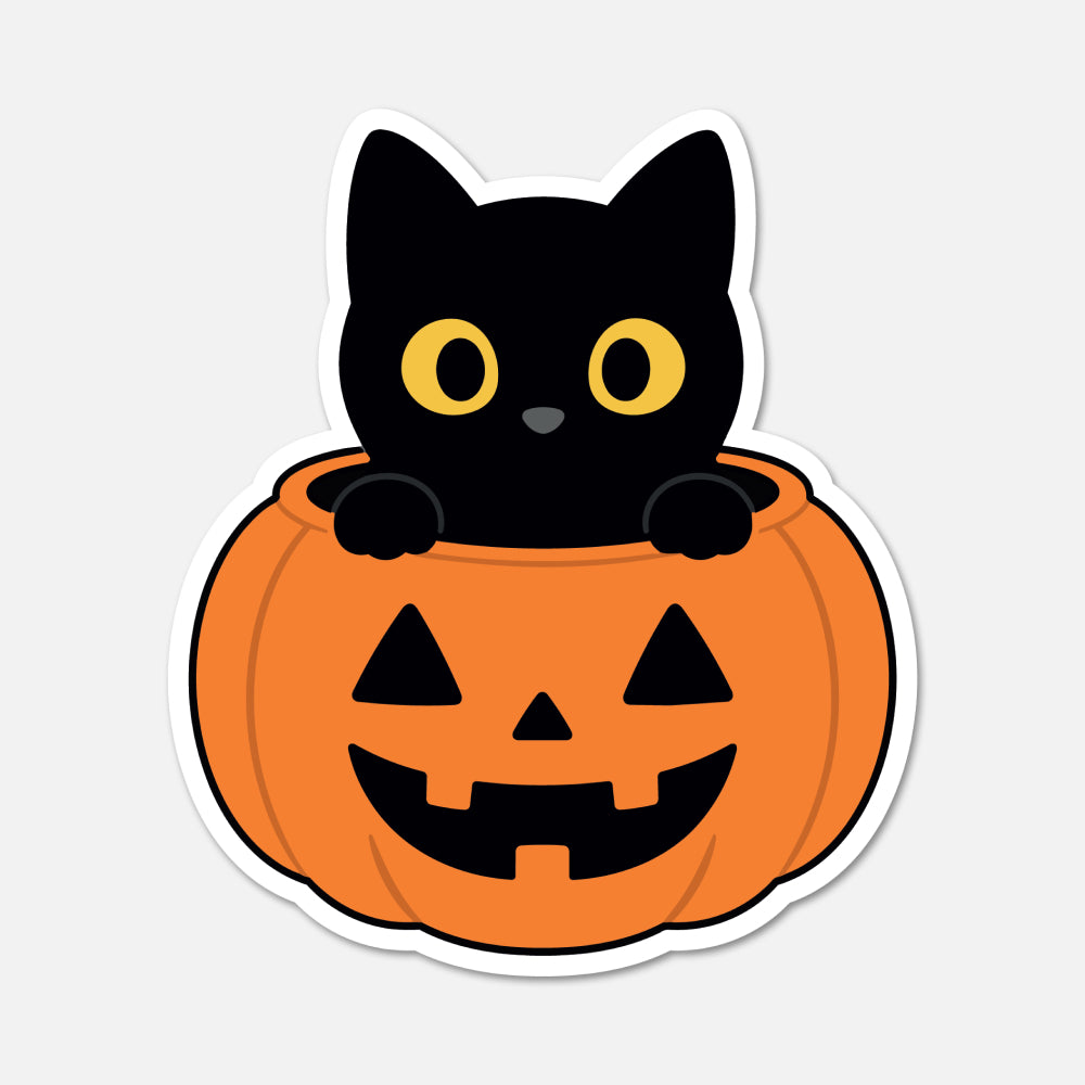 A Halloween-themed die-cut sticker featuring a cute black cat peeking out of an orange jack-o'-lantern pumpkin, shown on a light gray background.