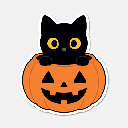 A Halloween-themed die-cut sticker featuring a cute black cat peeking out of an orange jack-o'-lantern pumpkin, shown on a light gray background.