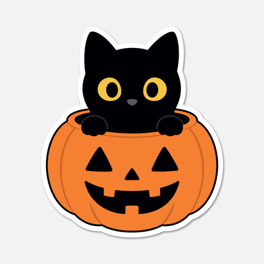 A Halloween-themed die-cut sticker featuring a cute black cat peeking out of an orange jack-o'-lantern pumpkin, shown on a light gray background.