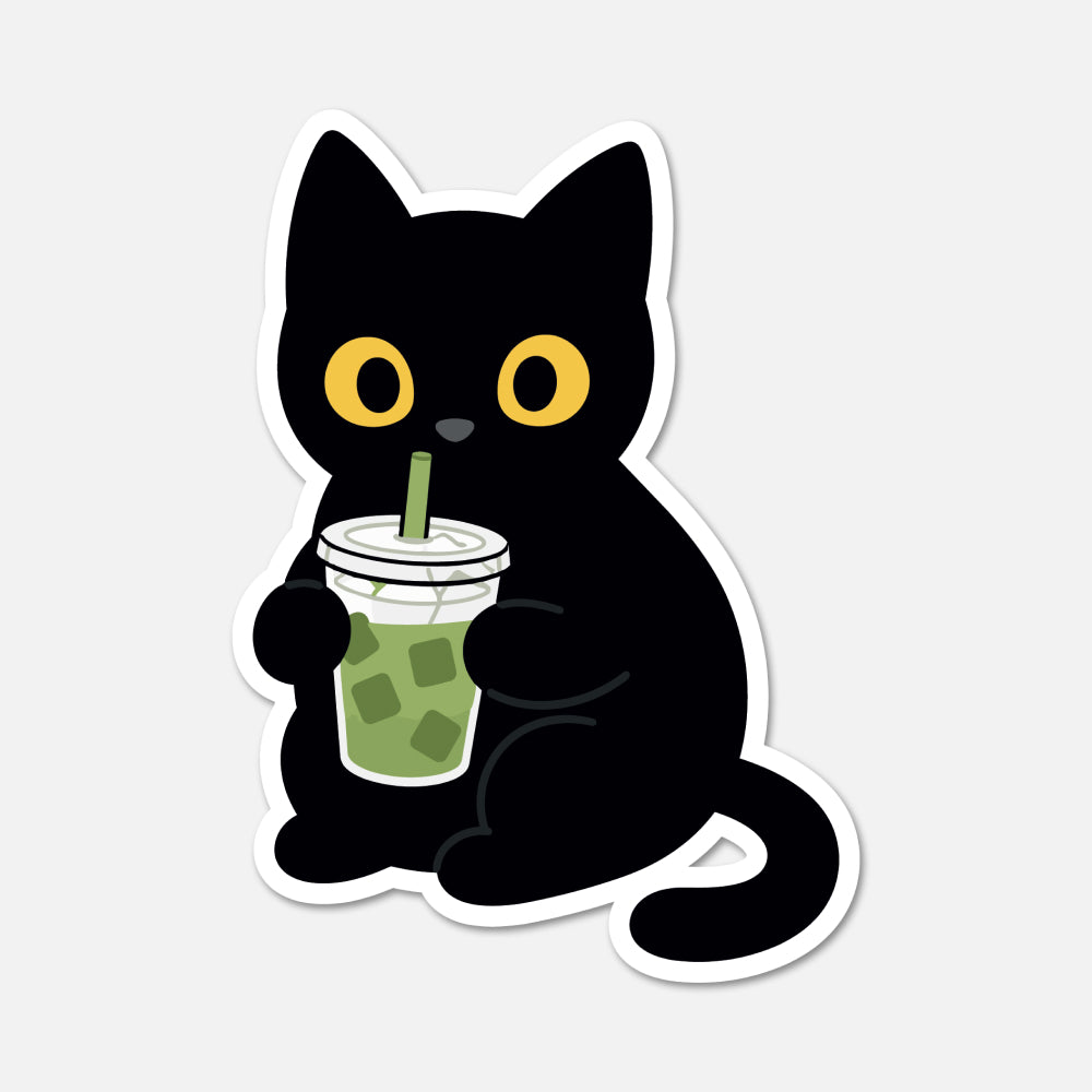 hand drawn waterproof vinyl black cat drinking matcha animal sticker on white background