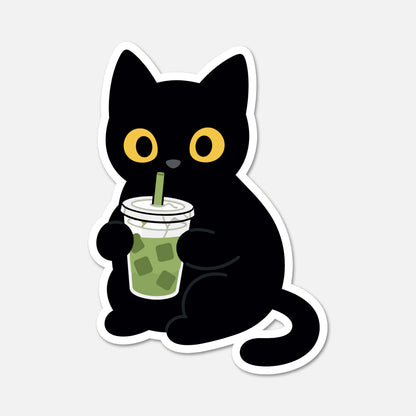 hand drawn waterproof vinyl black cat drinking matcha animal sticker on white background