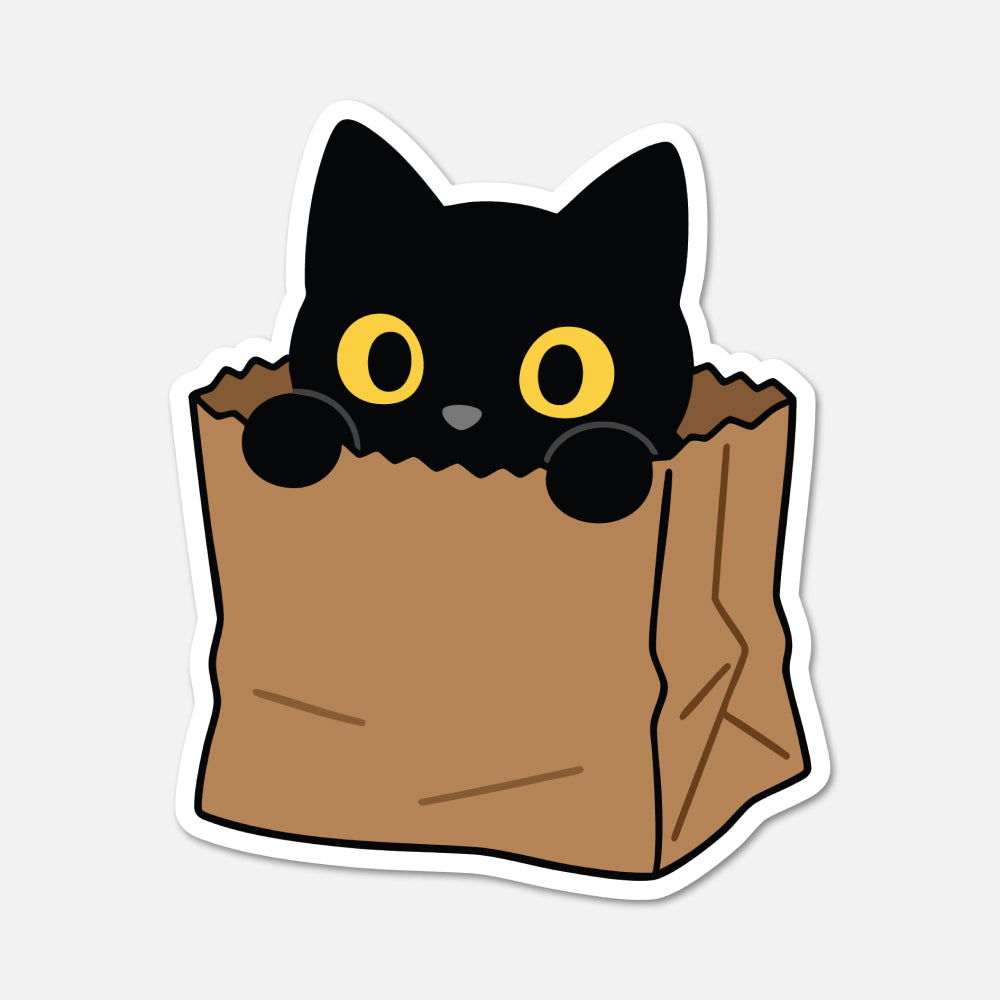 hand drawn waterproof vinyl black cat sitting in brown paper bag sticker on white background