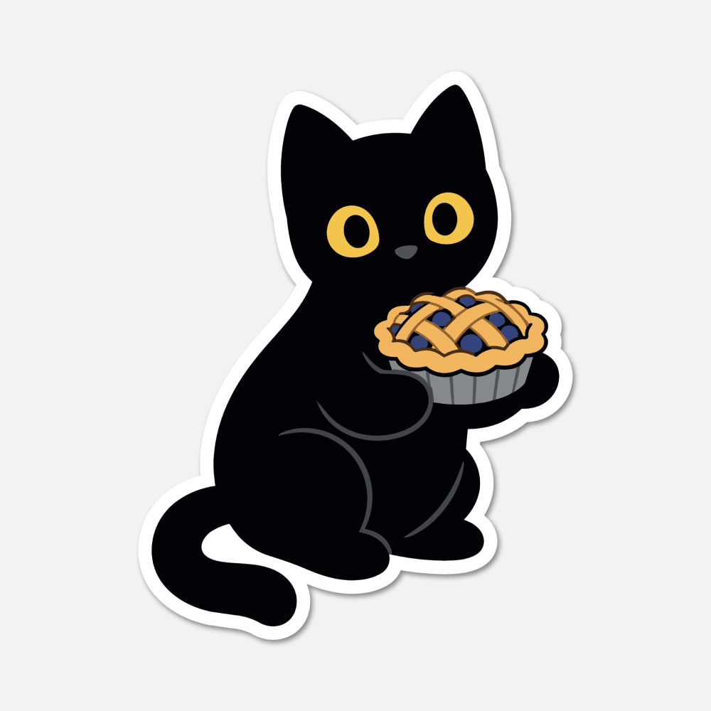 hand drawn waterproof vinyl black cat with blueberry pie animal sticker on white background