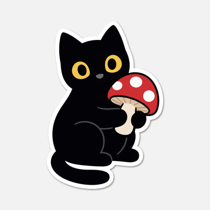 hand drawn waterproof vinyl black cat with mushroom animal sticker on white background