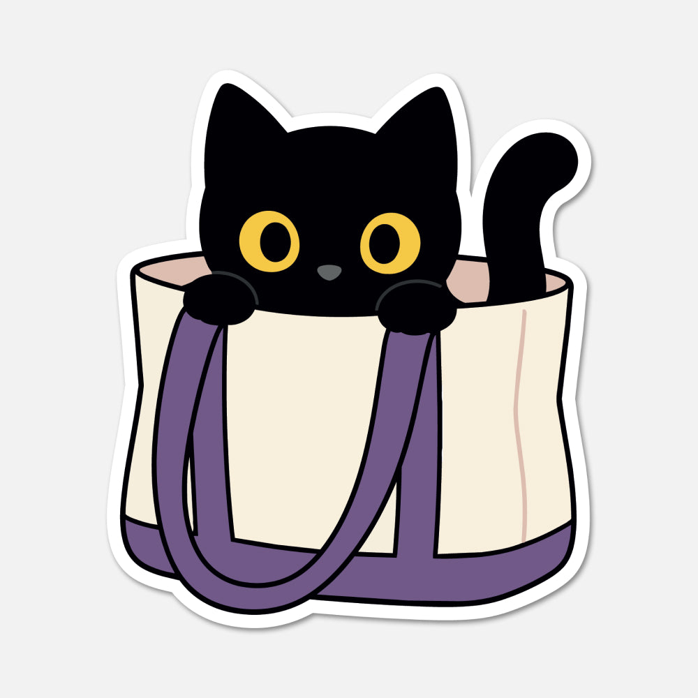 hand drawn waterproof vinyl black cat sitting inside tote bag animal sticker on white background