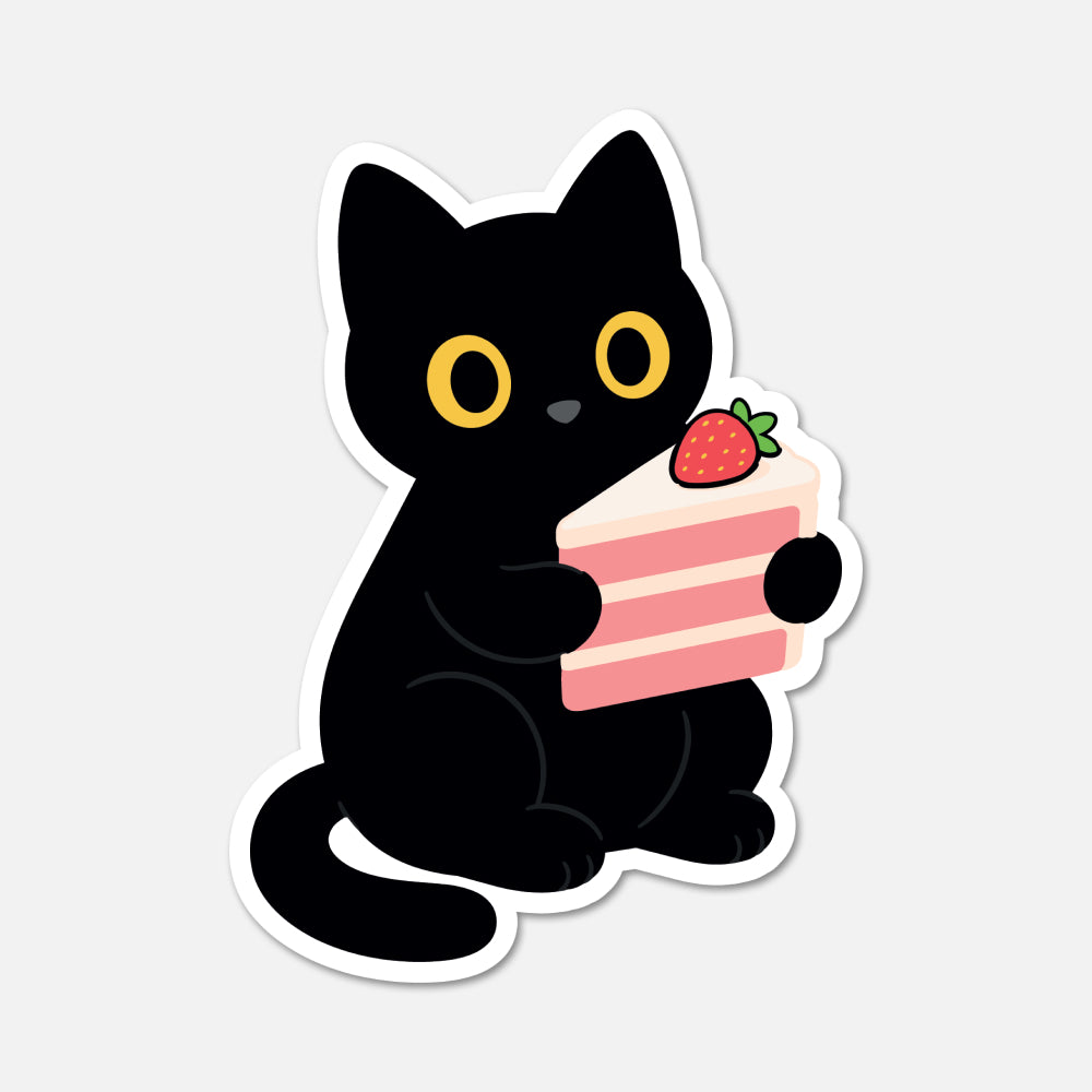 A die-cut sticker featuring a cute cartoon black cat holding a slice of pink cake with a strawberry on top, shown on a light gray background.
