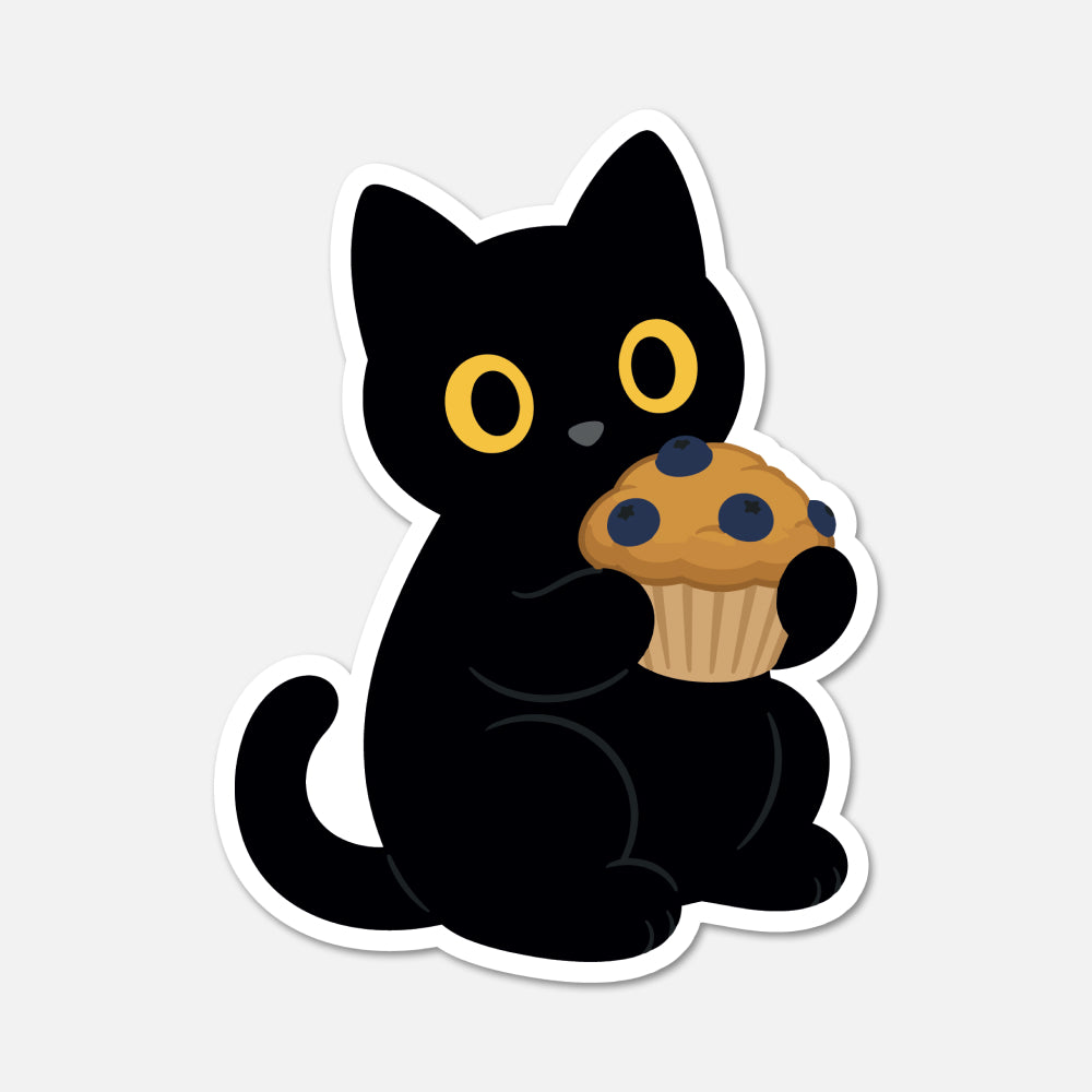 hand drawn waterproof vinyl black cat with blueberry muffin animal sticker on white background