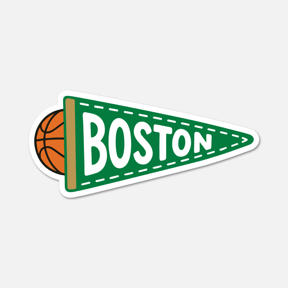 A Boston sports-themed pennant sticker with a green triangular pennant, white 'BOSTON' text, a basketball peeking from behind, and a white border on a light gray background.