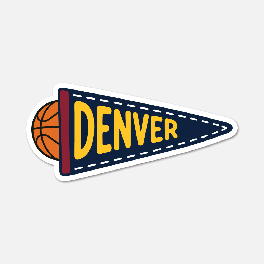 A die-cut sticker of a vintage-style Denver basketball pennant, featuring a navy blue background, yellow 'DENVER' text, a basketball peeking out from behind, and a white border, shown on a light gray background.