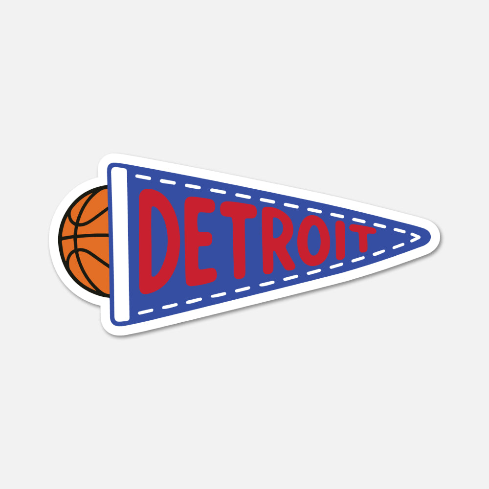 Detroit basketball-themed pennant sticker with a blue triangular pennant, red 'DETROIT' lettering, a white border, and an orange basketball peeking out from behind on a light gray background.
