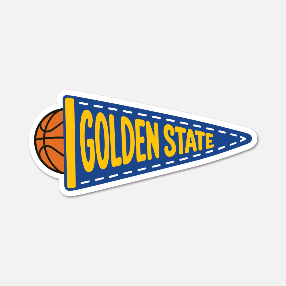 A die-cut sticker featuring a blue and yellow 'GOLDEN STATE' pennant design with a basketball peeking out from behind on the left, shown on a light gray background.