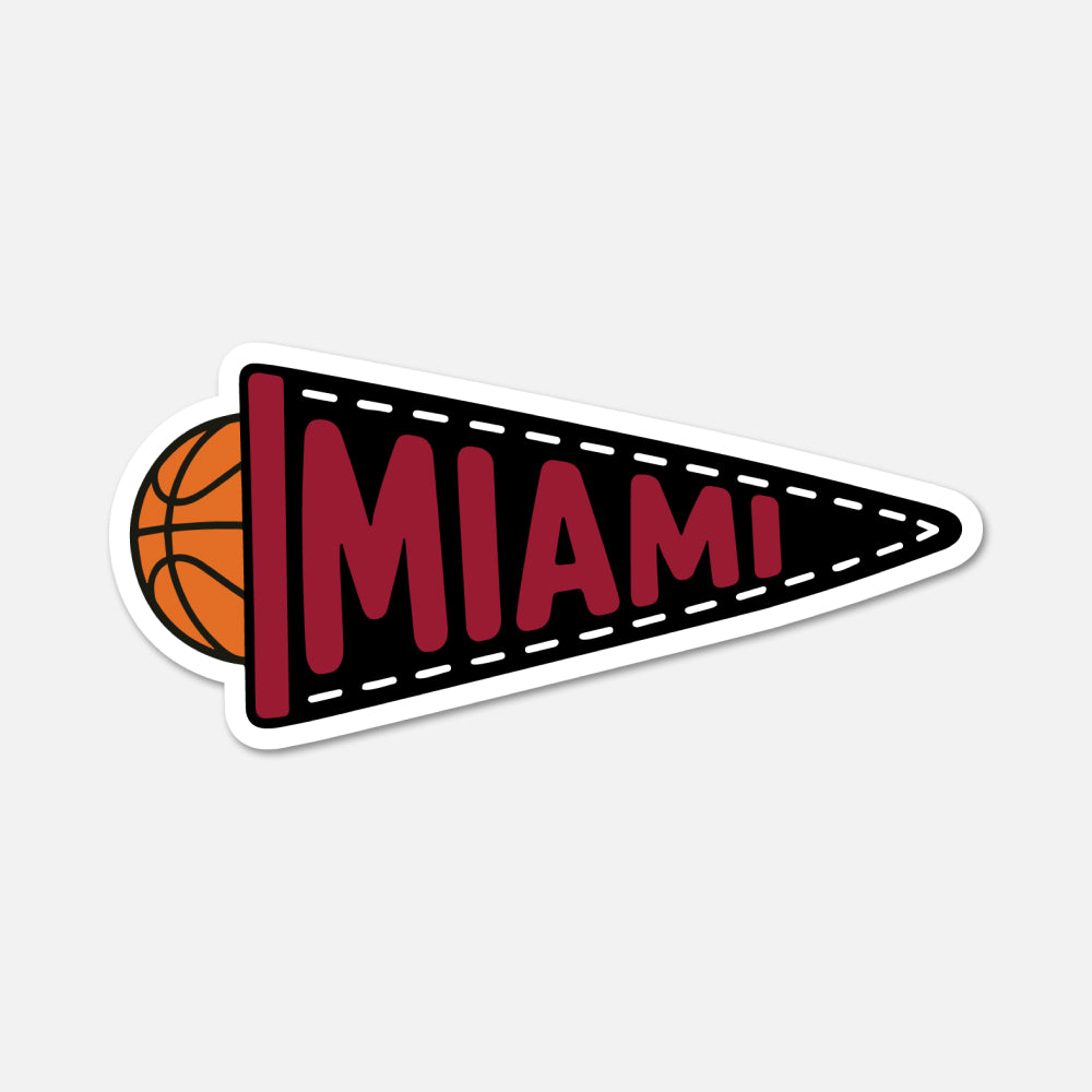 A die-cut sticker of a Miami basketball-themed pennant, featuring a black pennant with red 'MIAMI' lettering, a white border, and a partial orange basketball on the left, shown on a light gray background.