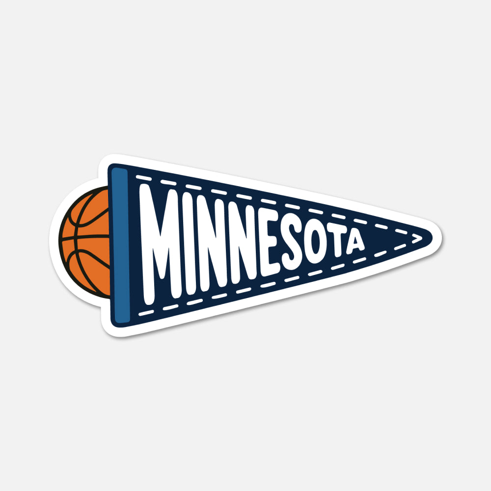 A die-cut sticker featuring a navy blue triangular pennant with white dashed stitching, the word 'MINNESOTA' in large white letters, and an orange basketball peeking out from behind on the left, shown on a light gray background.