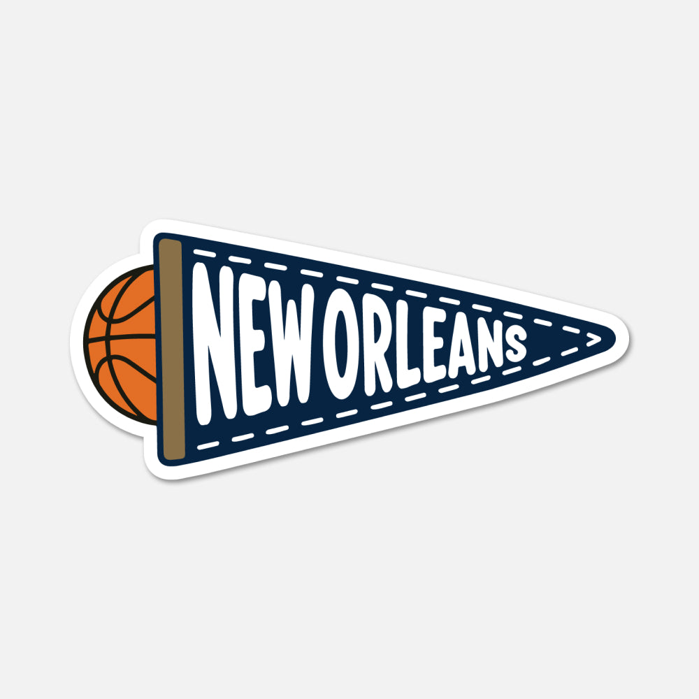 A die-cut sticker featuring a navy blue triangular pennant with white 'NEW ORLEANS' lettering, a brown wood-look border, and an orange basketball peeking out from the left, shown on a light gray background.