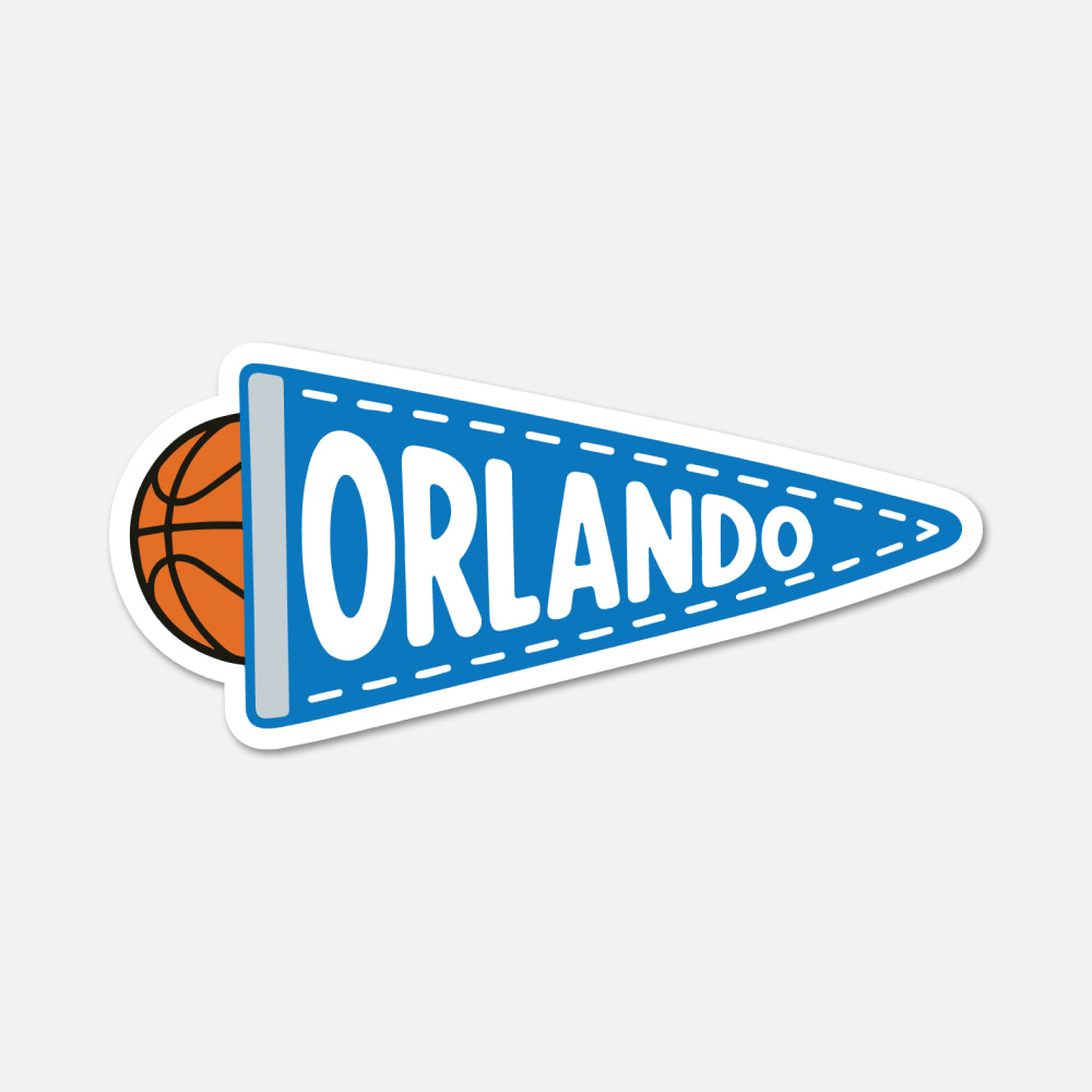 A die-cut sticker featuring a blue basketball-themed pennant with the word 'ORLANDO' in white, plus a partial orange basketball visible on the left, shown on a light gray background.