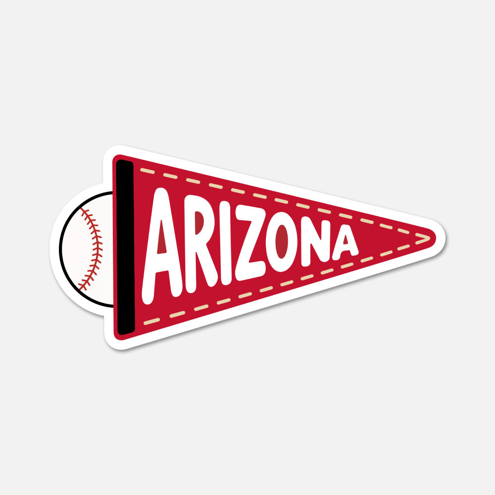 A die-cut sticker shaped like a red triangular pennant with white 'ARIZONA' lettering and a baseball graphic peeking out from behind on the left, shown on a light gray background.