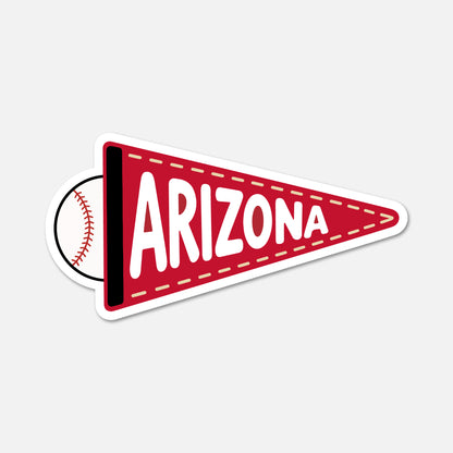 A die-cut sticker shaped like a red triangular pennant with white 'ARIZONA' lettering and a baseball graphic peeking out from behind on the left, shown on a light gray background.