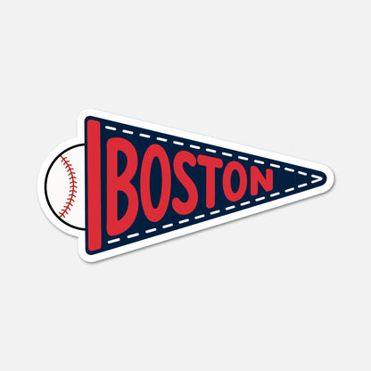A die-cut sticker shaped like a triangular baseball pennant with the word BOSTON in large red letters on a dark navy background, plus a baseball peeking out from behind the left side. The sticker is shown on a light gray background.