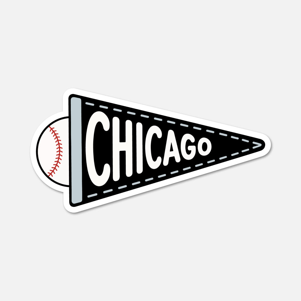 A die-cut sticker shaped like a black pennant flag with white lettering reading 'CHICAGO' and a baseball graphic on the left side, shown on a light gray background.