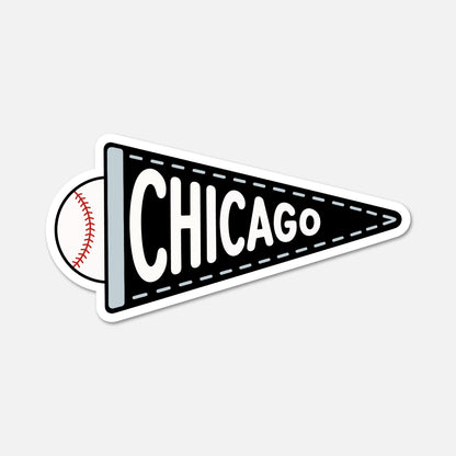 A die-cut sticker shaped like a black pennant flag with white lettering reading 'CHICAGO' and a baseball graphic on the left side, shown on a light gray background.