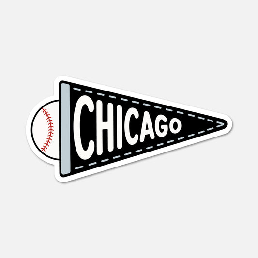 A die-cut sticker shaped like a black pennant flag with white lettering reading 'CHICAGO' and a baseball graphic on the left side, shown on a light gray background.