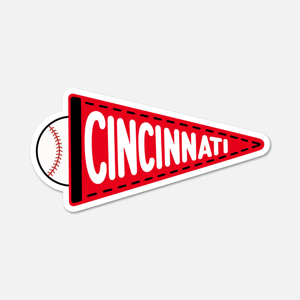 A die-cut sticker shaped like a red sports pennant with the word "CINCINNATI" in large white letters, plus a baseball graphic peeking out from behind on the left, shown on a light gray background.