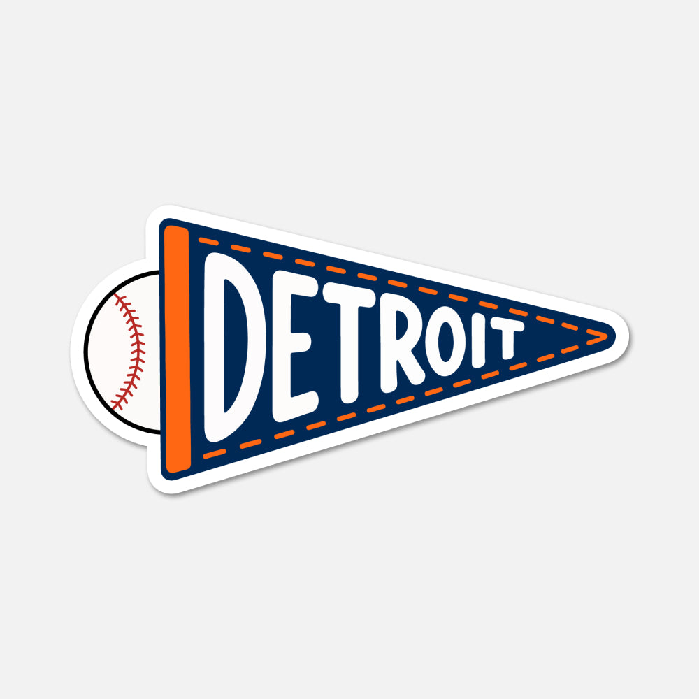Detroit baseball-themed pennant sticker with a white baseball peeking out from behind the left side, on a light gray background.
