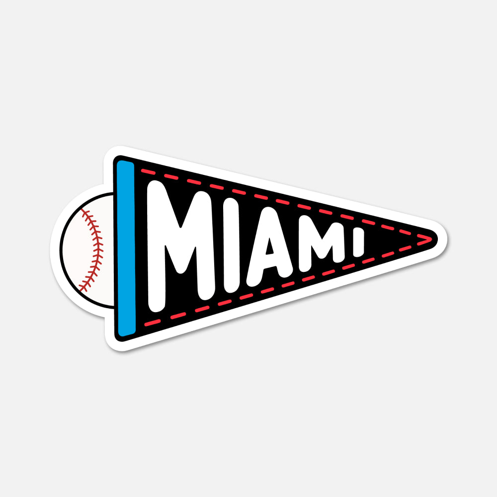A die-cut sticker shaped like a black sports pennant with the word 'MIAMI' in large white letters, a blue vertical stripe on the left, red dashed stitching, and a baseball graphic peaking out from the left side, shown on a light gray background.