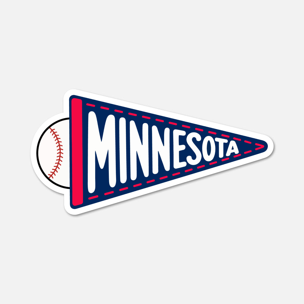 A die-cut sticker shaped like a Minnesota baseball pennant, featuring a navy blue pennant with red trim, white lettering, and a baseball peeking out from the left side, shown on a light gray background.