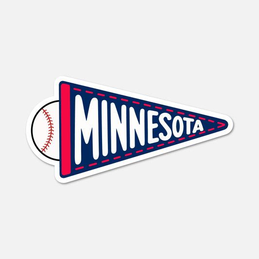 A die-cut sticker shaped like a Minnesota baseball pennant, featuring a navy blue pennant with red trim, white lettering, and a baseball peeking out from the left side, shown on a light gray background.