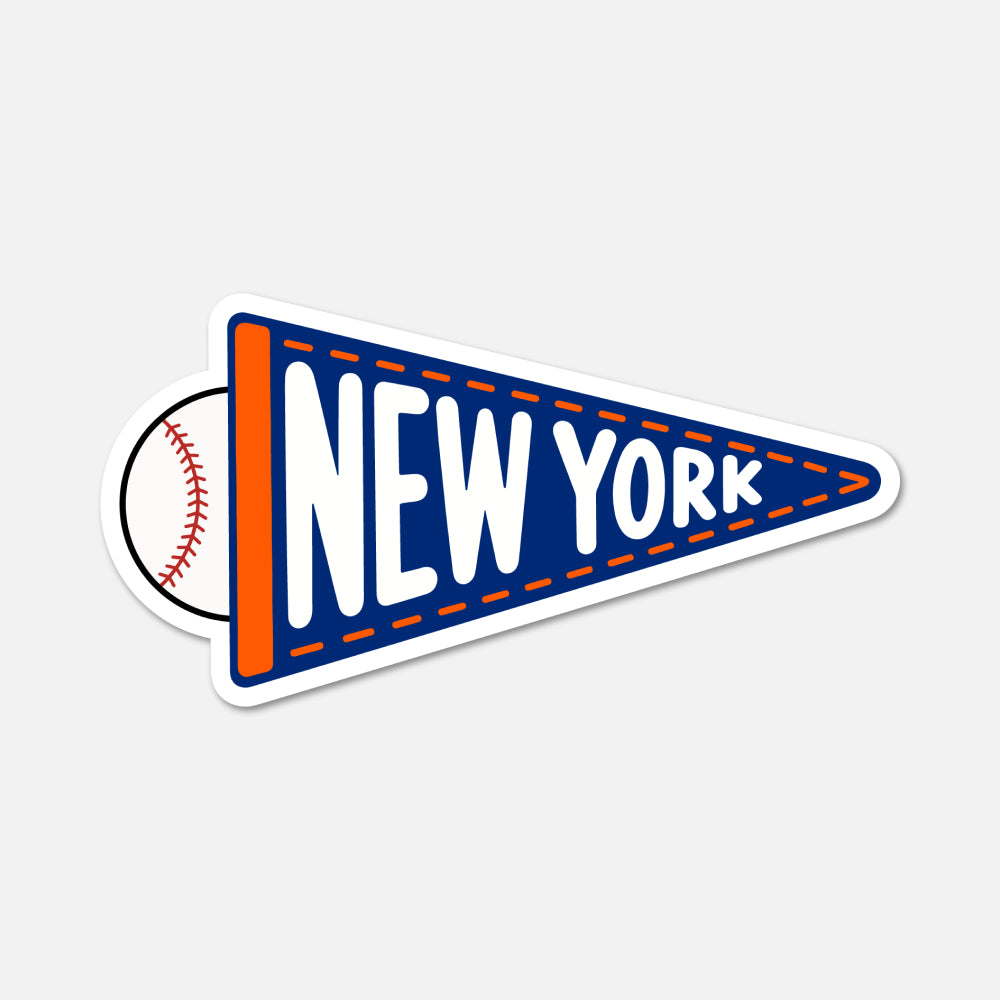 A die-cut sticker shaped like a blue and orange New York baseball pennant, with the words "NEW YORK" in white and a baseball graphic peeking out from behind on the left, shown on a light gray background.