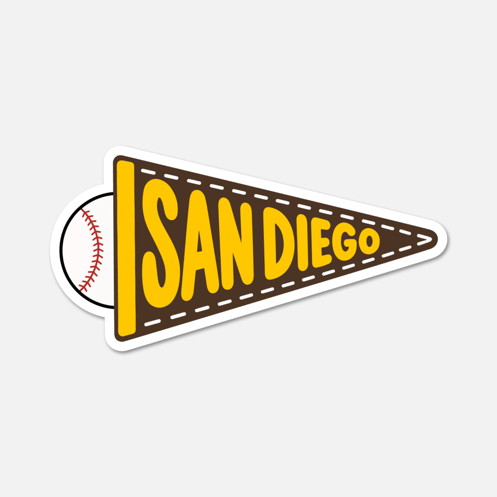 A die-cut sticker featuring a brown and yellow pennant with the text 'SAN DIEGO' and a baseball peeking out from behind it, shown on a light gray background.