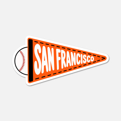 A die-cut sticker shaped like a retro orange sports pennant with the words "SAN FRANCISCO" in large white letters, plus a baseball graphic peeking out from behind on the left, shown on a light gray background.