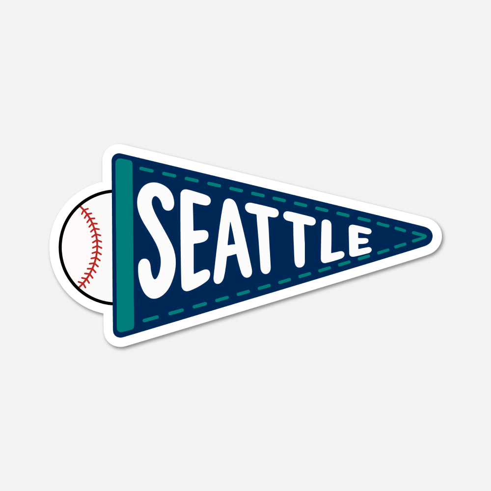 A die-cut sticker shaped like a Seattle sports pennant, featuring a dark blue triangular pennant with white 'SEATTLE' text, a teal border, and a baseball graphic peeking out from the left on a light gray background.