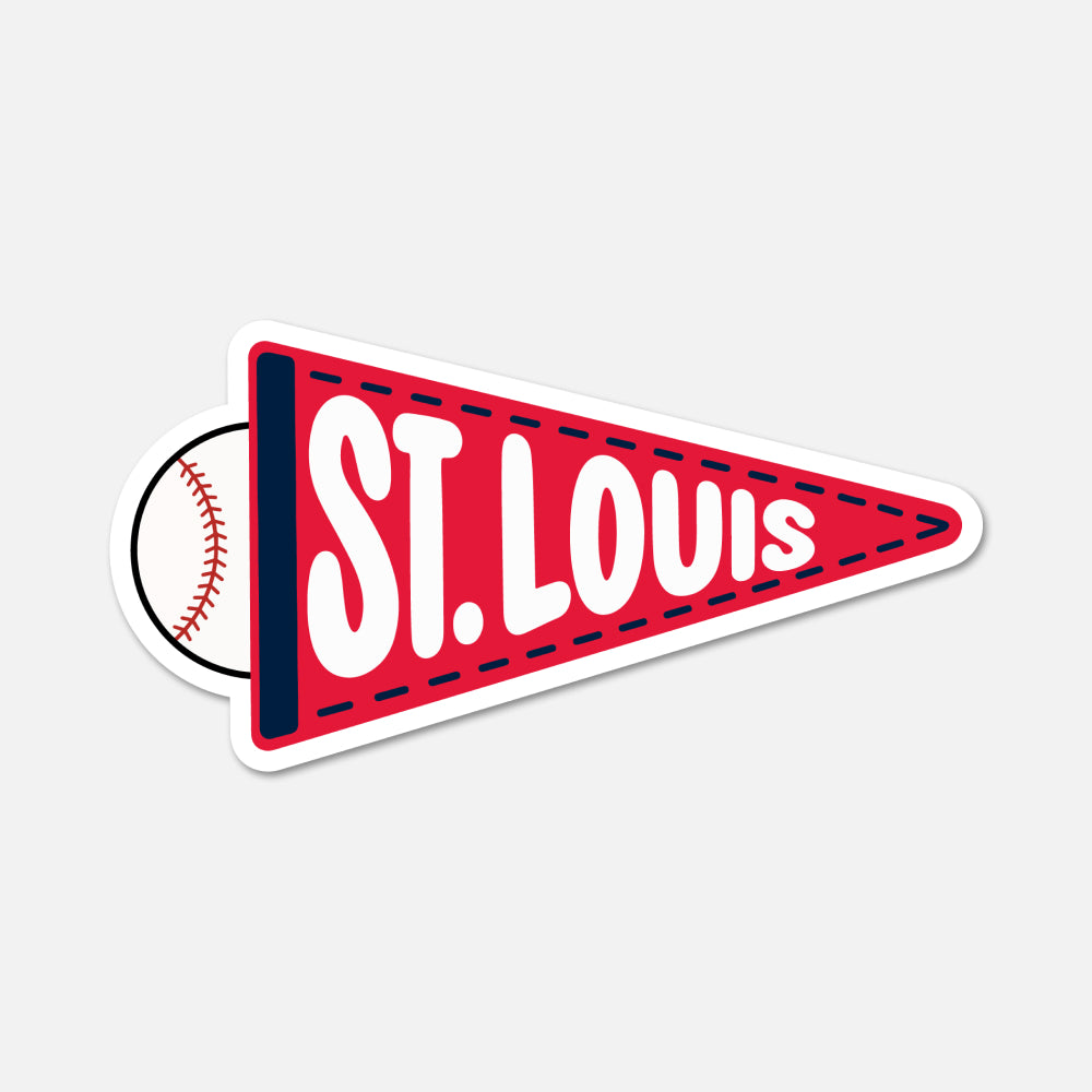 A die-cut sticker shaped like a red sports pennant with the words “ST. LOUIS” in large white letters, plus a baseball peeking out from behind on the left, shown on a light gray background.
