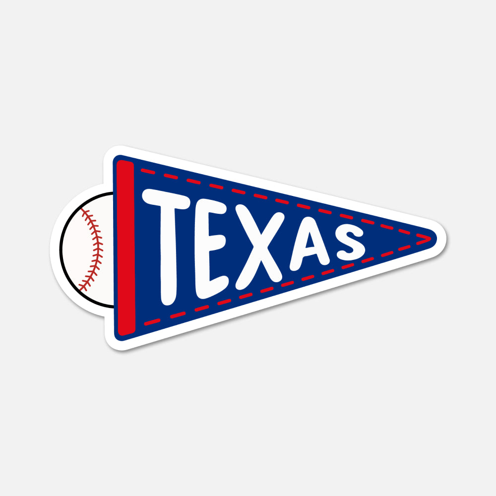 A die-cut sticker shaped like a blue pennant with red trim, white lettering reading "TEXAS," and a baseball peeking out from behind on the left, shown on a light gray background.