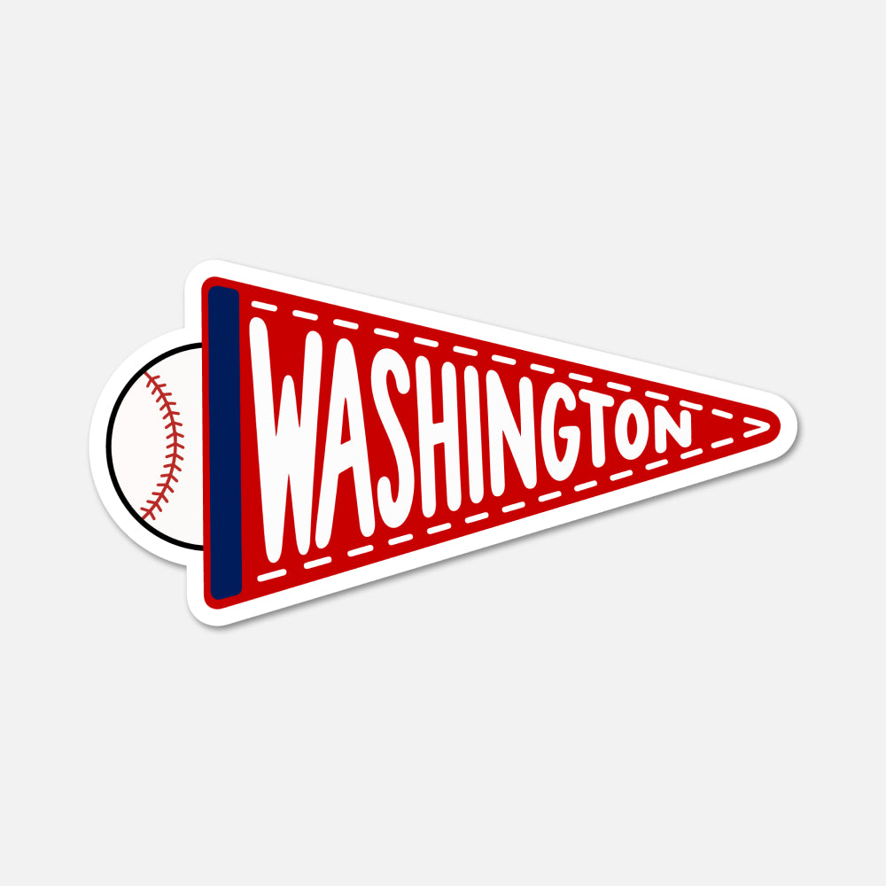 A die-cut sticker shaped like a red and white pennant with the word "WASHINGTON" in large white letters and a navy vertical stripe on the left, shown on a light gray background.