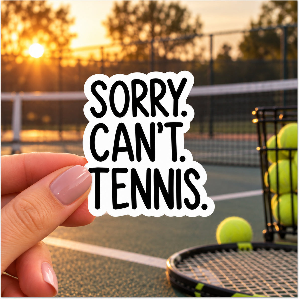 A hand holds a die-cut sticker that reads 'SORRY. CAN'T. TENNIS.'