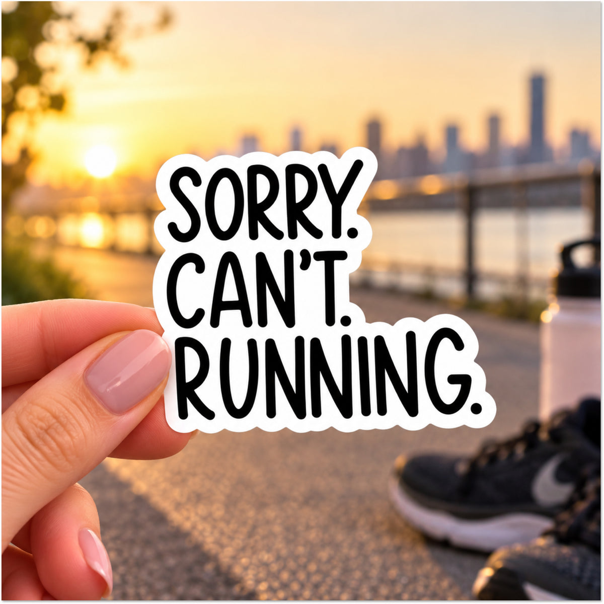 A hand holds a die-cut sticker with the text 'SORRY. CAN'T. RUNNING.'