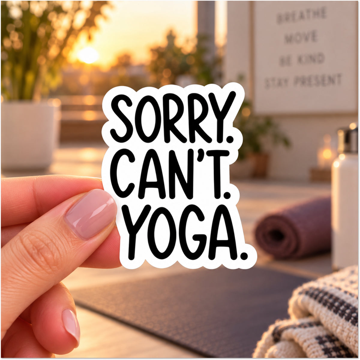 A hand with light pink manicured nails holds a die-cut sticker that reads 'SORRY. CAN'T. YOGA.'