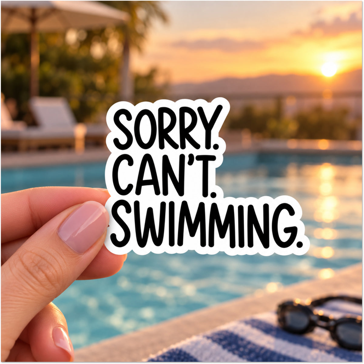 A hand holds a die-cut sticker that reads 'SORRY. CAN'T. SWIMMING.'