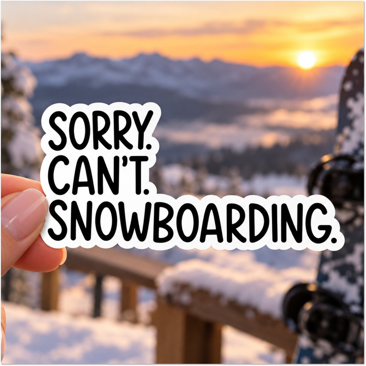 A die-cut sticker with the text 'SORRY. CAN'T. SNOWBOARDING.'