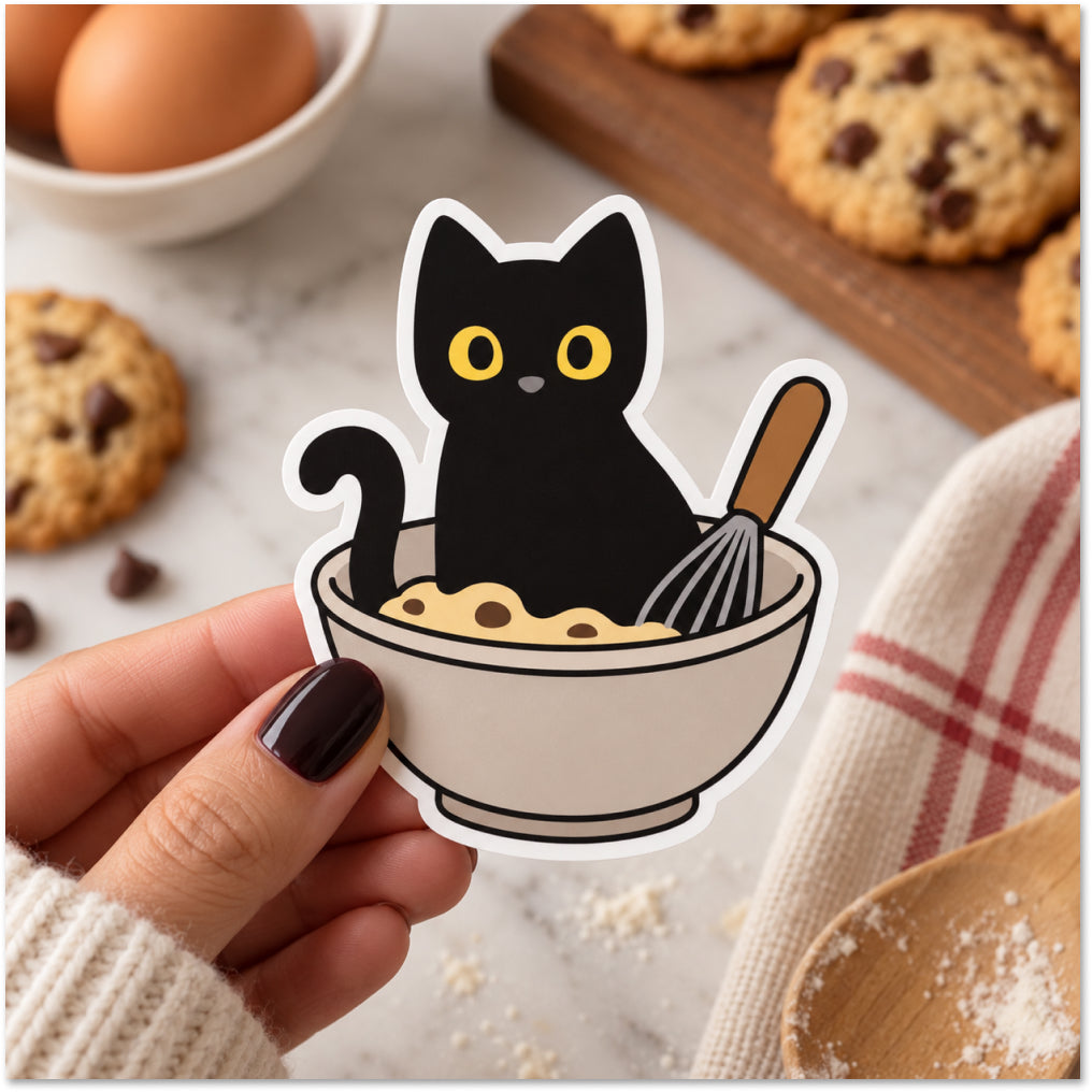 A hand holds a die-cut sticker featuring a black cat sitting in a bowl of cookie dough with a whisk, set against a baking-themed background with cookies, eggs, and a wooden board.
