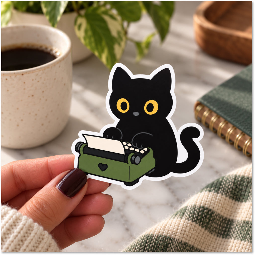 A hand holds a die-cut sticker of a black cat typing on a green typewriter, set against a cozy desk background with a coffee cup, plant, notebook, and knit blanket.