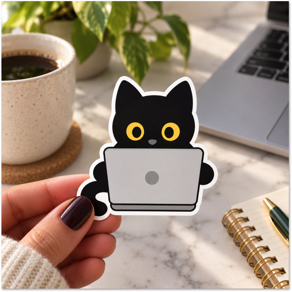 A hand holds a die-cut sticker featuring a cartoon black cat using a gray laptop, with yellow eyes and a white outline, set against a blurred desk background with a coffee cup, plant, laptop, and notebook.